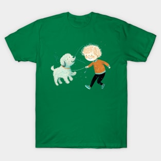 Cute Boy Running With Dog Cartoon T-Shirt